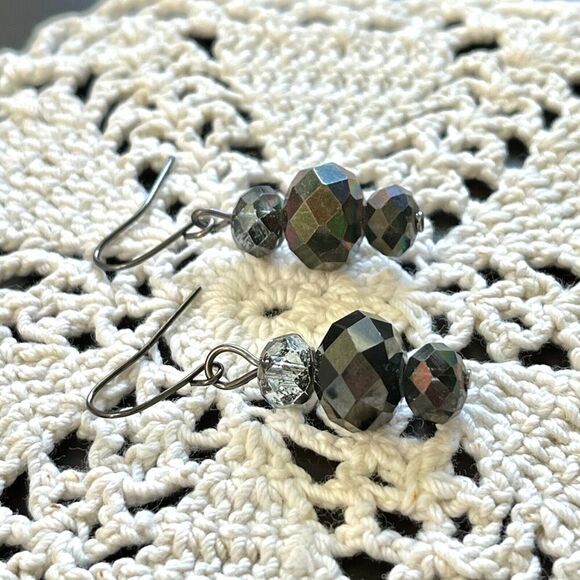 Handmade Glass Bead Earrings 1.5in Hooks Black Coated Beads Dark Silver Tone - Picture 9 of 14